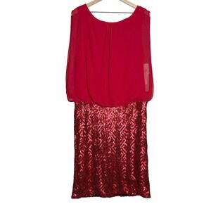 Scarlett Womens Sheath Dress‎ 14 Red Sequin Sheer Sleeveless Event Holiday